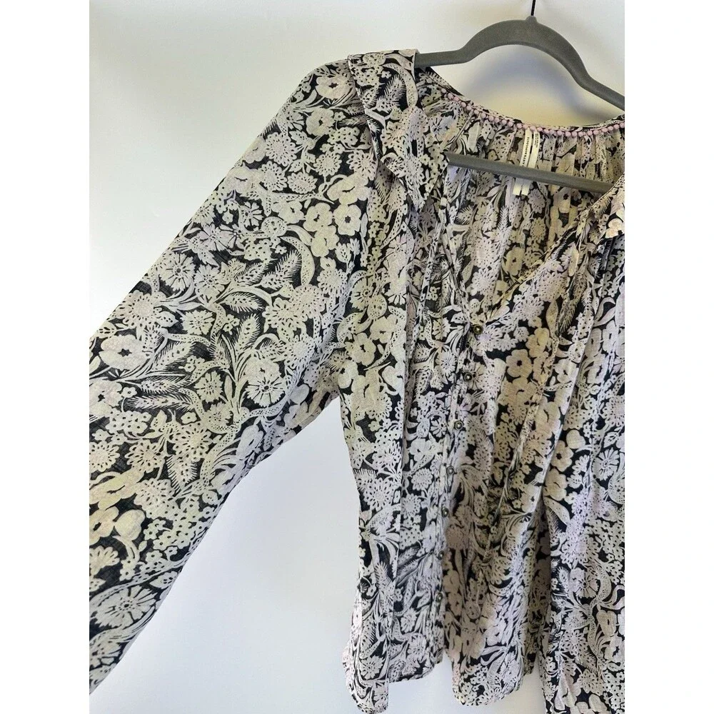 Anthropologie Floral Ruffle Peasant Top Long Puff Sleeves Button Cotton Large